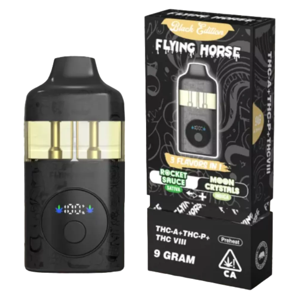 Vape Desechable PREMIUM | FLYING HORSE – BLACK EDITION | THC-A + THC-P + THC VIII + Live Resin | Pantalla LED y Botón para elegir Cepa – 3 en 1 | 9 gramos